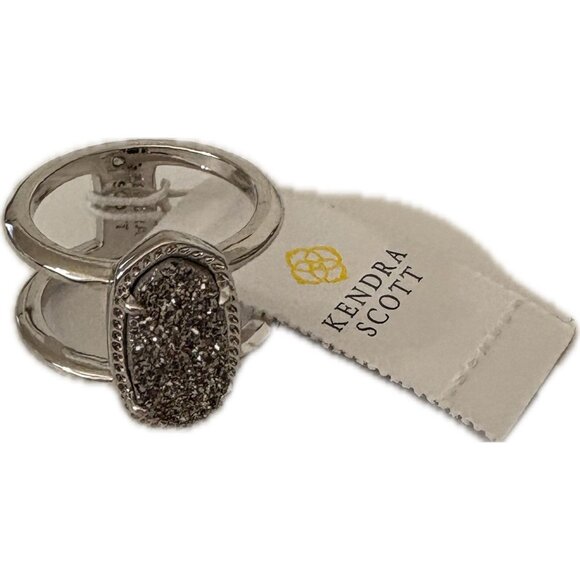 Kendra Scott Silver Rodium Plated Platinum Drusy Oval & Open Elyse Ring-Size-6 - Picture 7 of 7